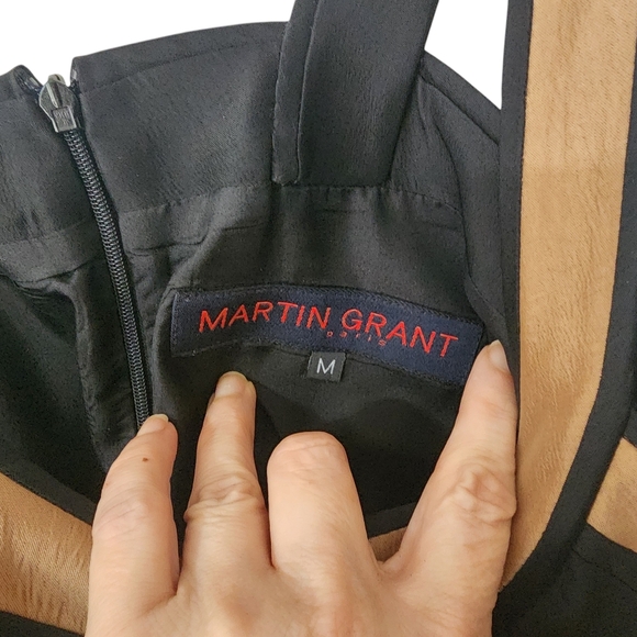 EUC Martin Grant Paris Silk Blend Black w/ Tan Halter Thick Strap Pocketed Dress - Picture 9 of 11